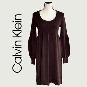 CALVIN KLEIN Classic Sweater Dress Chocolate Brown Balloon Sleeves Cottagecore